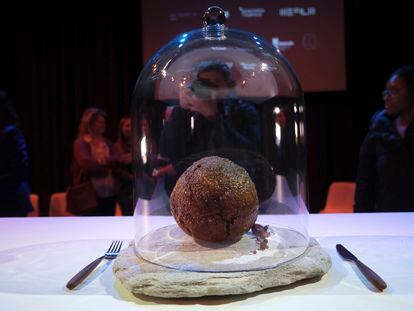 A meatball made using genetic code from the mammoth is seen at the Nemo science museum in Amsterdam, Tuesday March 28, 2023.
