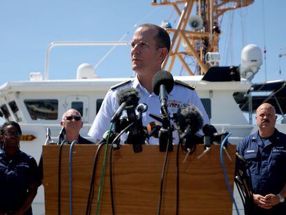 Rear Admiral John Mauger, the First Coast Guard District commander, speaks during a press conference in Boston, Massachusetts, on June 22, 2023.