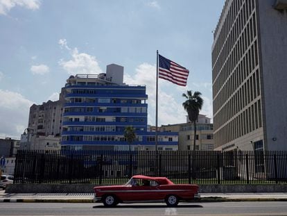 A vintage car drives past the US Embassy in Havana on November 10, 2021.