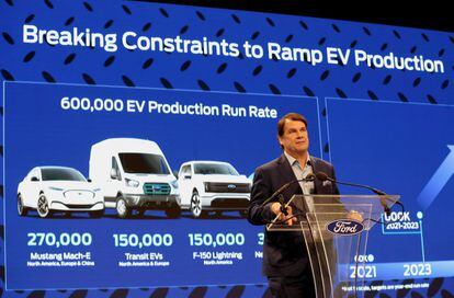 Ford Motor Co., CEO Jim Farley announces Ford Motor will partner with Chinese-based, Amperex Technology, to build an all-electric vehicle battery plant in Marshall, Michigan, during a press conference in Romulus, Michigan U.S., February 13, 2023.