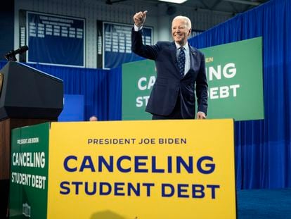 President Joe Biden departs after delivering remarks on student loan debt at Madison College, Monday, April 8, 2024, in Madison, Wisconsin.