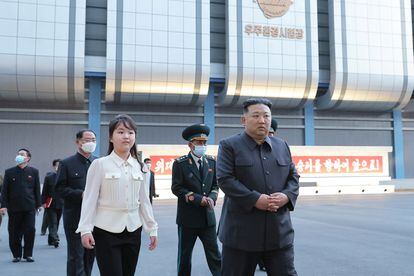 North Korean leader Kim Jong-un and his daughter visit the National Aerospace Development Administration in Pyongyang on April 18, 2023.