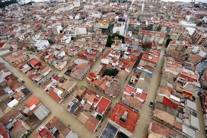 Aerial view of the city of Dolores in Alicante province, which was flooded after Segura River overflowed.
