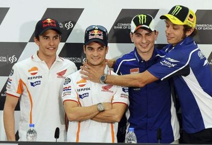 From left to right: MotoGP riders Marc M&aacute;rquez, Dani Pedrosa, Jorge Lorenzo and Valentino Rossi.