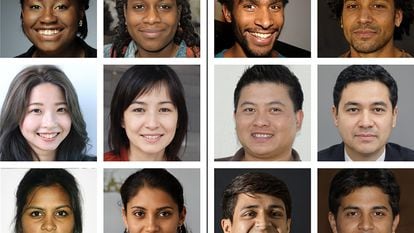 A set of real faces (first and third columns) and synthetic faces (second and fourth columns) matched in terms of age, gender, race and general appearance.
