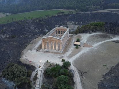 Burnt vegetation is seen around the ancient temple of Segesta which has been threatened by a wildfire in the Sicilian Archaeological Park of Segesta, Italy July 25, 2023.