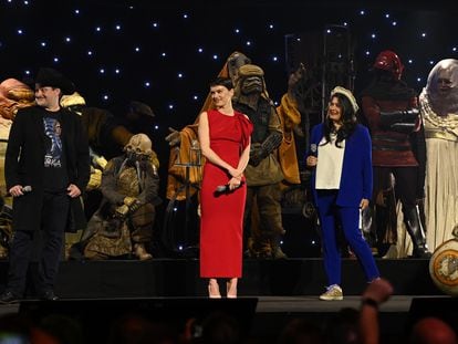 Dave Filoni, Daisy Ridley and Sharmeen Obaid-Chinoy at the Star Wars Celebration