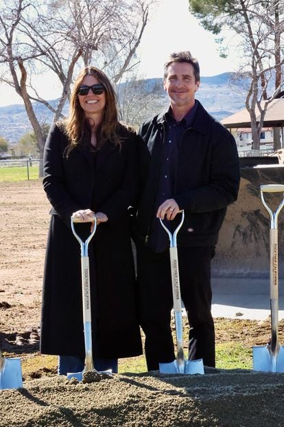 Sibi Blazic and Christian Bale breaking ground in Palmdale, California, on February 7, 2024.