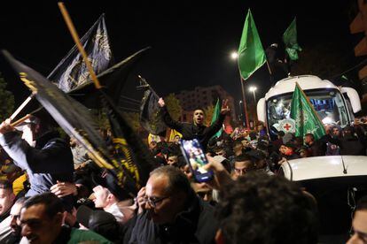 A group of Palestinians celebrates the return to Ramallah of prisoners released by Israel in the early hours of Friday, December 1.
