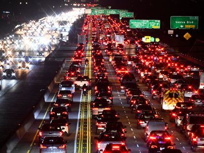 A traffic jam on the 405 freeway in Los Angeles at rush hour.