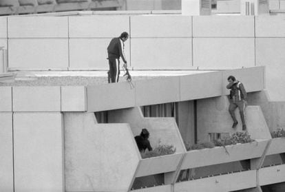 German policemen, in the Munich building where the Israeli athletes were held captive.