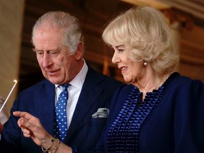 King Charles III and Queen Consort Camila at an event at Buckingham Palace.