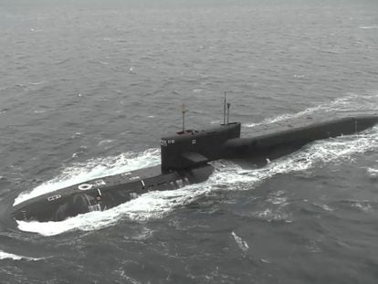 Russia's nuclear-powered ballistic missile submarine 'Tula' is seen during military exercises on October 26, 2022, in an unspecified photo released by the Russian Defense Ministry.