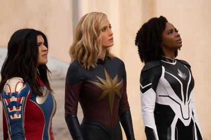 Iman Vellani (Ms. Marvel), Brie Larson (Captain Marvel), Teyonah Parris (Monica Rambeau), 'The Marvels'.