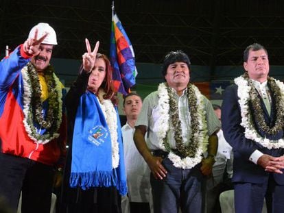 Nicol&aacute;s Maduro, Cristina Fern&aacute;ndez, Evo Morales and Rafael Correa pictured in Bolivia on Thursday. 