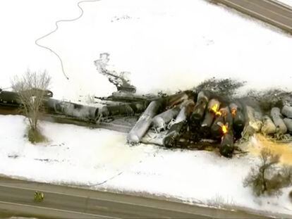 This photo provided KSTP,  emergency personnel respond to the scene of a train derailment early Thursday, March 30, 2023 in Raymond, Min.