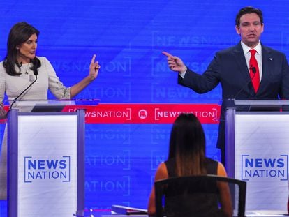 Former U.S. Ambassador to the United Nations Nikki Haley and Florida Governor Ron DeSantis participate in the fourth Republican candidates' debate at the University of Alabama in Tuscaloosa, Alabama. December 6, 2023.