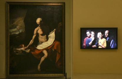 One of Bill Viola&#039;s videoworks hangs next to a Ribera in the San Fernando Academy. 