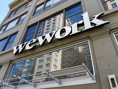 A WeWork logo is seen outside its offices in San Francisco, California, U.S. September 30, 2019.