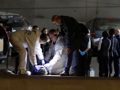 Specialists of the Guardia Civil work in the garage where the body of Maxim Kuzminov was found, in Alicante.