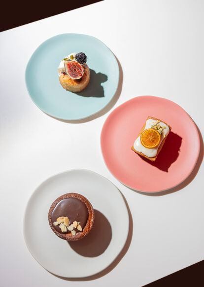 Three cakes from Ottolenghi Spitalfields: the “financier,” with mixed fruit; tangerine and pistachio cake with yuzu glaze, and flourless orange-and-almond cake with chocolate ganache

