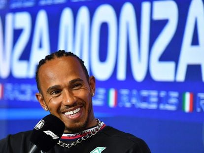 Mercedes' Lewis Hamilton during a press conference on Aug. 31, 2023.