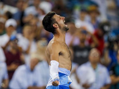 Novak Djokovic (SRB) celebrates the victory over Carlos Alcaraz (ESP) during the mens singles final of the Western and Southern Open tennis tournament at Lindner Family Tennis Center.