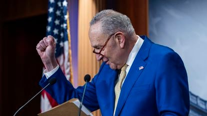 Senate Democratic Majority Leader Chuck Schumer after the passage of the funding bill for aid to Ukraine and Israel in Washington on February 13.