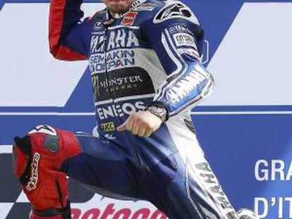 Yamaha rider Jorge Lorenzo celebrates his win.