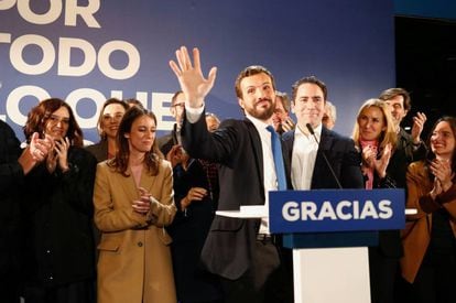 Popular Party leader Pablo Casado speaks to supporters at party headquarters during Spain's general election.