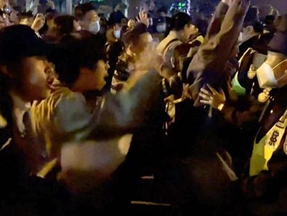 A still of the video from the Shanghai protests on Saturday.