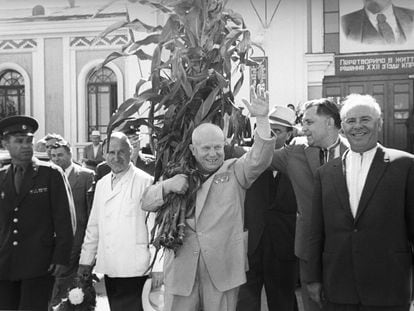Nikita Khrushchev (c) in an undated image. In 1954, the Soviet leader gave Crimea to Ukraine to celebrate the tercentenary of the union between that country and Russia.