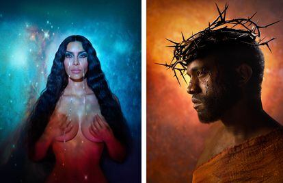 David LaChapelle's religion-tinged portraits of Kim Kardashian / Mary Magdalene and Kanye West / Jesus Christ.