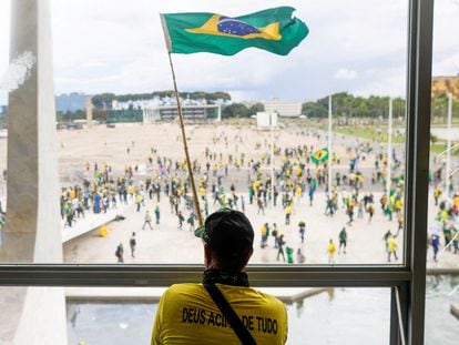 Supporters of Brazil's former president Jair Bolsonaro demonstrate against President Luiz Inácio Lula da Silva, in Brasília.