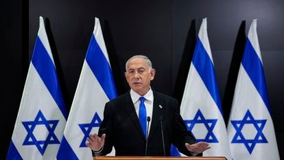 Israeli Prime Minister Benjamin Netanyahu speaks to the media during a press conference, in Tel Aviv, Israel, on April 10, 2023.
