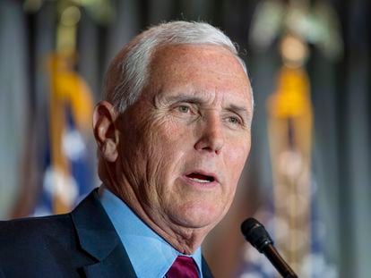 Former vice president Mike Pence speaks at a luncheon in the Madison Building of the Library of Congress, on February 16, 2023, in Washington.