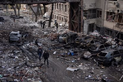 A street in Kharkiv hit by Russian missiles on April 16.