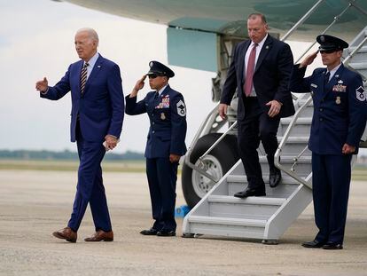 President Joe Biden arrives at Andrews Air Force Base after a trip to South Carolina to discuss his economic agenda, Thursday, July 6, 2023, in Andrews Air Force Base, Md.