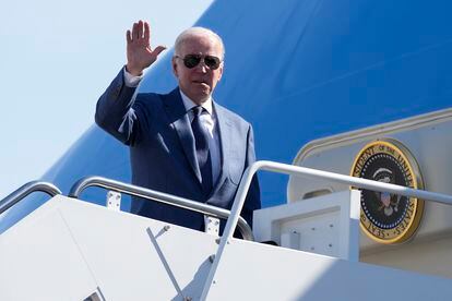 President Joe Biden boards Air Force One, on April 11, 2023, at Andrews Air Force Base, Maryland.