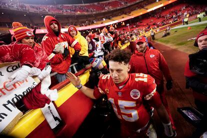 Kansas City Chiefs quarterback Patrick Mahomes (15), after an NFL divisional round playoff football game between the Kansas City Chiefs and the Jacksonville Jaguars, Saturday, Jan. 21, 2023, in Kansas City, Mo. The Kansas City Chiefs won 27-20.