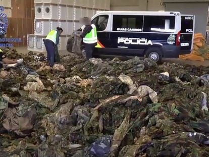 Military uniforms meant for Islamic State and seized at the port of Valencia.