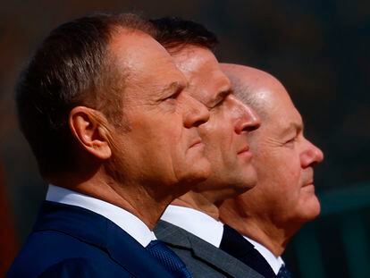 From left, Polish Prime Minister Donald Tusk; the president of France, Emmanuel Macron, and the chancellor of Germany, Olaf Scholz, in Berlin.