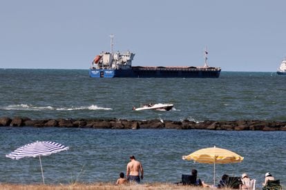 The Russian-flagged ship 'Zhibek Zholy' seen from the coast of the Turkish port town of Karasu on Saturday.