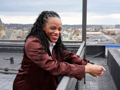 U.S. Rep. Summer Lee, D-Pa., stands for a portrait overlooking the East Liberty neighborhood of Pittsburgh, Monday, April 8, 2024.