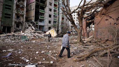 The ruins of a residential building hit by Russian missiles in the Ukrainian city of Kharkiv.