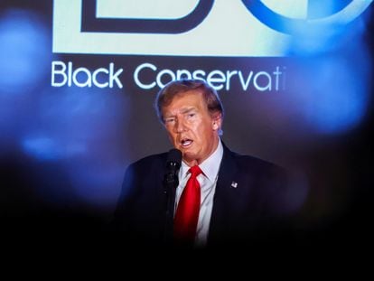 Republican presidential candidate and former U.S. President Donald Trump delivers a keynote speech at the Black Conservative Federation gala dinner, ahead of the South Carolina Republican presidential primary in Columbia, South Carolina, U.S., February 23, 2024.