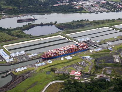 A container ship in the Panama Canal in August 2023.