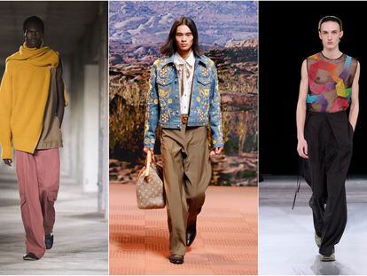 From left to right, runway looks at Dries Van Noten, Louis Vuitton and Dior during men’s fashion week in Paris.