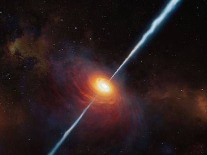 This artist's impression shows what the distant quasar P172+18 and its radio jets might have looked like. As of early 2021, this is the most distant radio jet quasar ever found, and was studied with the help of ESO's Very Large Telescope.