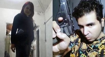 This combination of photos released by Telam news agency on September 6 shows Fernando Andres Sabag Montiel (R) and Brenda Uliarte posing with the gun allegedly used to attack Argentina's Vice-President Cristina Fernandez de Kirchner.